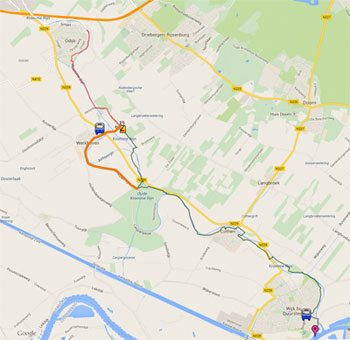 Onze wandelroute. Van Wijk bij Duurstede tot  Odijk: meer dan 15 kilometer. De oranje lijn geeft aan waar we fout zijn gegaan. 